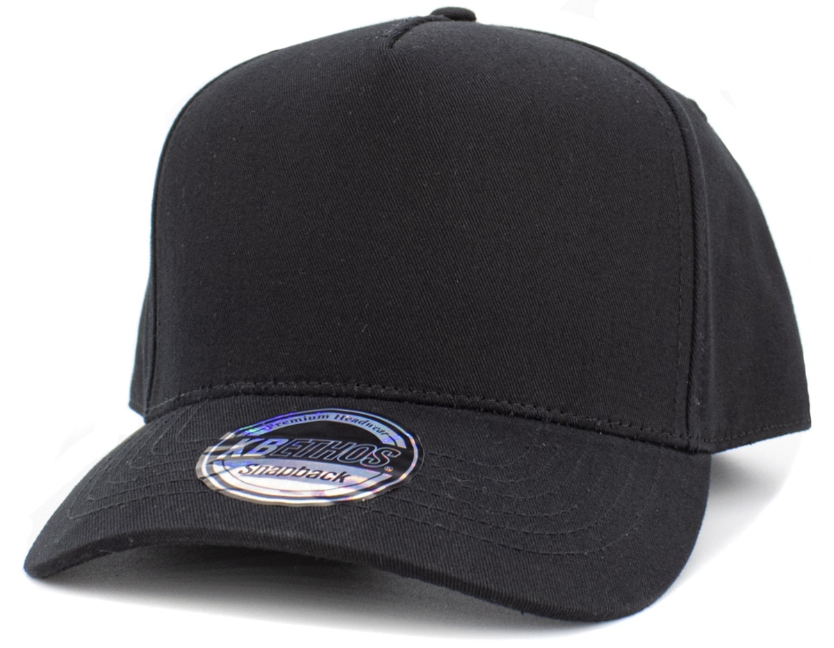 Black Baseball 5 Panel Cap Front Side View